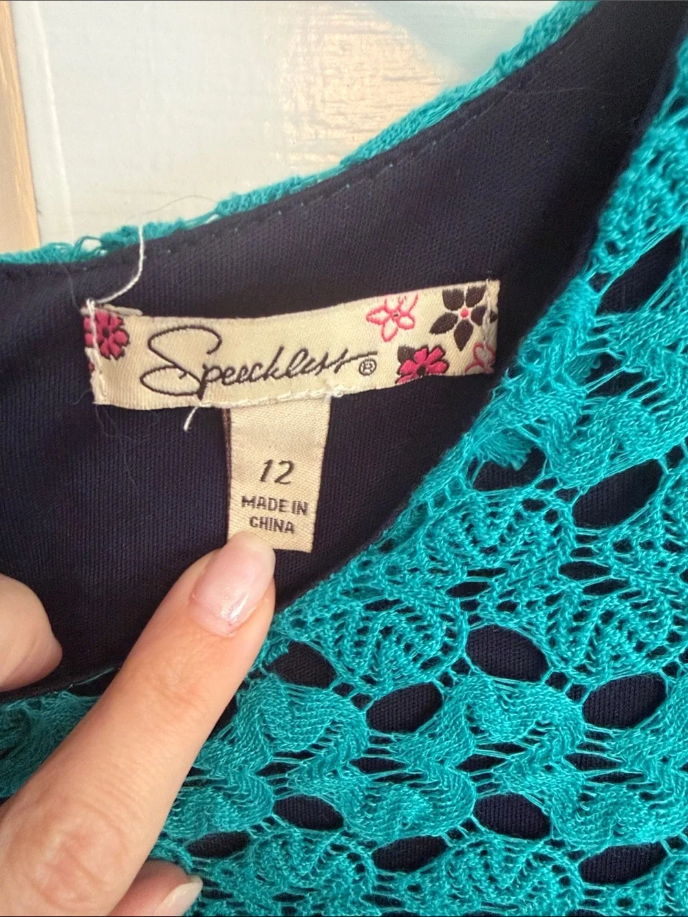 Speechless Teal Crochet Lace Fit & Flare Dress with Three-Quarter Sleeves